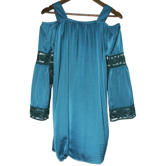VaVa by Joy Han XS Teal Green Long Sleeve Cold Shoulder Flared Sleeve Dress - Picture 4 of 6